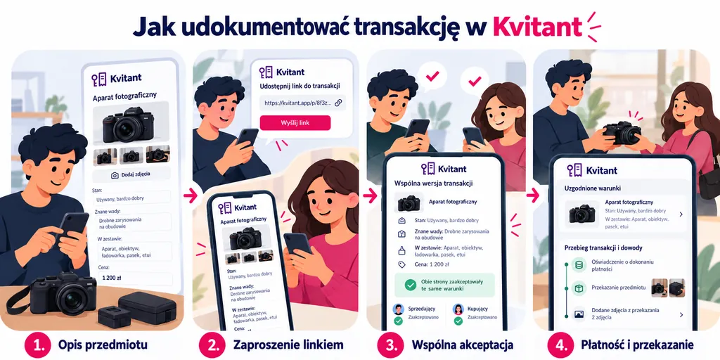 Ilustracja w czterech krokach. 1. Opis przedmiotu: osoba sprzedająca wpisuje w Kvitant aparat fotograficzny, jego stan, znane wady, zawartość zestawu i cenę 1200 zł. 2. Zaproszenie linkiem: druga osoba otwiera ten sam opis na swoim telefonie. 3. Wspólna akceptacja: obie osoby akceptują tę samą wersję warunków. 4. Płatność i przekazanie: aparat zmienia właściciela, a przebieg transakcji zostaje w zapisie.