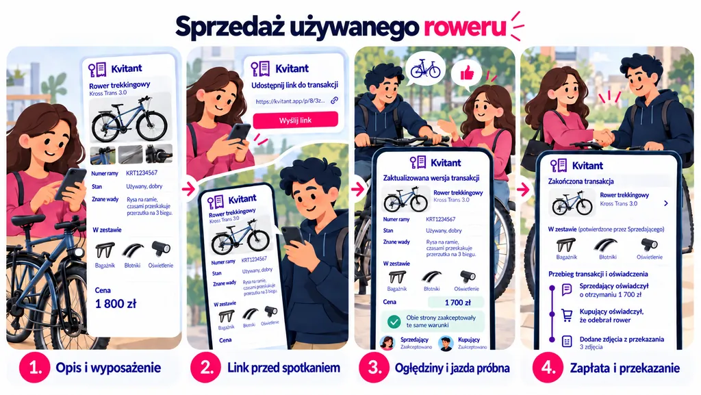 Ilustracja w czterech krokach. 1. Opis i wyposażenie: Kasia wpisuje rower trekkingowy z numerem ramy, rysą na ramie i przeskakującą przerzutką; w zestawie bagażnik, błotniki i oświetlenie; cena 1800 zł. 2. Link przed spotkaniem: Tomek czyta opis na swoim telefonie. 3. Oględziny i jazda próbna: po jeździe ustalają cenę 1700 zł i oboje akceptują zaktualizowaną wersję. 4. Zapłata i przekazanie: rower zmienia właściciela, a w zapisie są oświadczenie Kasi o otrzymaniu 1700 zł, oświadczenie Tomka o odebraniu roweru i zdjęcia z przekazania.