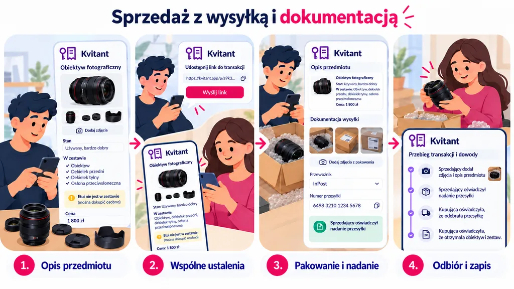 Ilustracja w czterech krokach. 1. Opis przedmiotu: obiektyw fotograficzny w stanie używanym, w zestawie obiektyw, dwa dekielki i osłona przeciwsłoneczna, etui poza zestawem, cena 1800 zł. 2. Wspólne ustalenia: osoba kupująca sprawdza opis przez link. 3. Pakowanie i nadanie: zdjęcia obiektywu w kartonie, przewoźnik i numer przesyłki. 4. Odbiór i zapis: osoba kupująca rozpakowuje przesyłkę, a zapis pokazuje kolejno zdjęcia i opis przedmiotu, oświadczenie o nadaniu przesyłki, oświadczenie o jej odebraniu oraz oświadczenie, że obiektyw i zestaw dotarły.